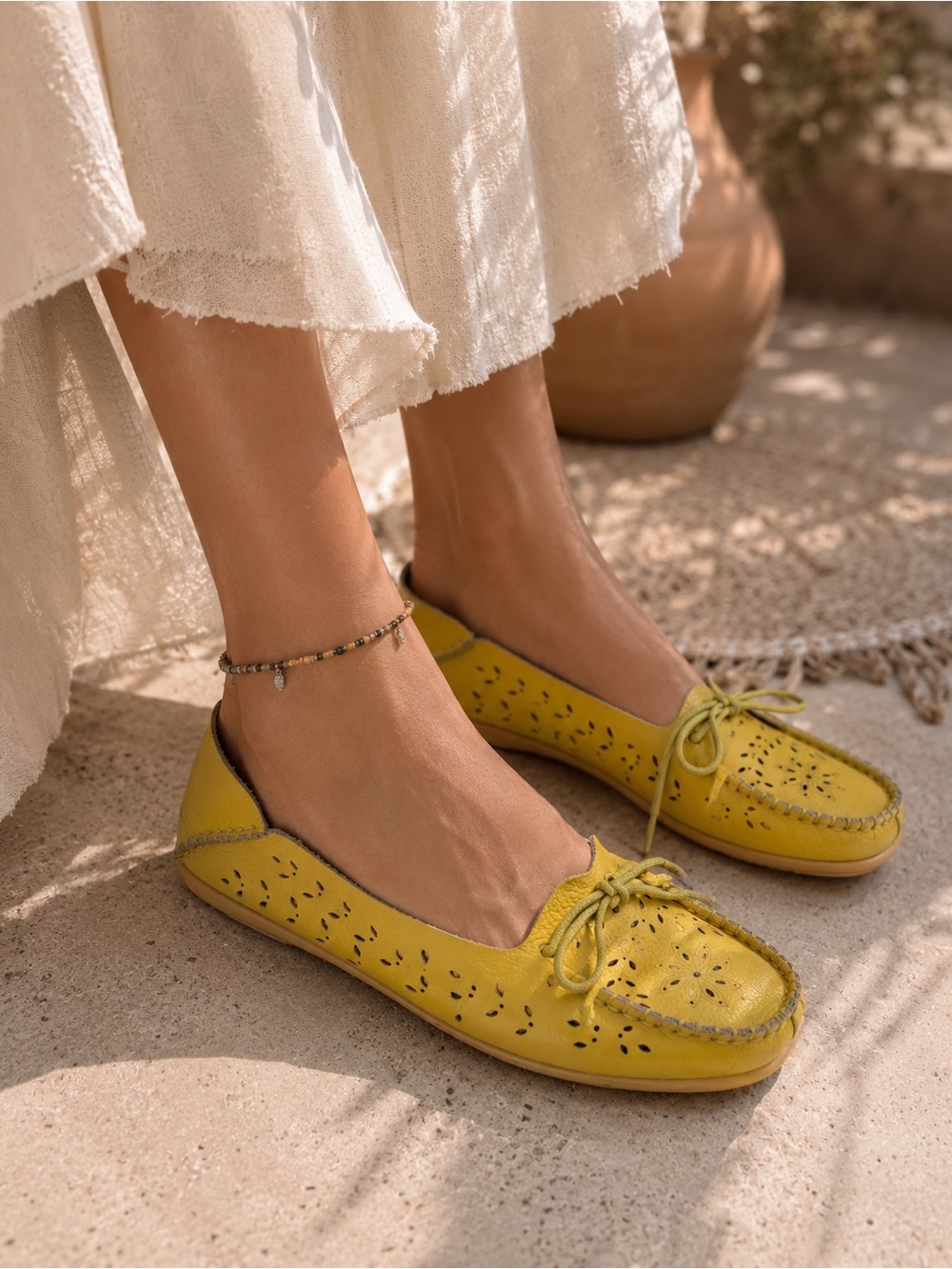 Women's Yellow Leather Perforated Slip-On Loafers 38 Floral Cutout Boho Chic